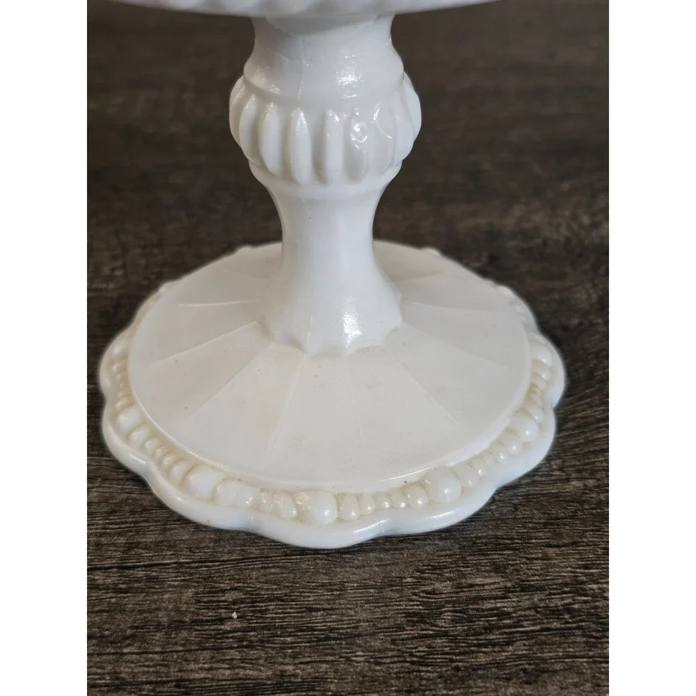 Vintage Indiana Milk Glass Pedestal Compote Floral Medallion Daisy Flat Edge